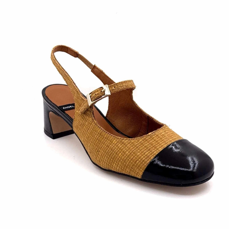 Angel Alarcon 25029 Cuir Vernis Noir Rafia Camel 25029-275B - MALORY NEGRO - RAFI Printemps Eté 2025