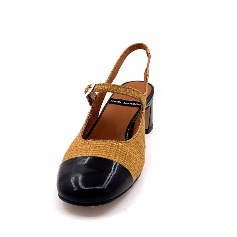 Angel Alarcon 25029 Cuir Vernis Noir Rafia Camel 25029-275B - MALORY NEGRO - RAFI Printemps Eté 2025