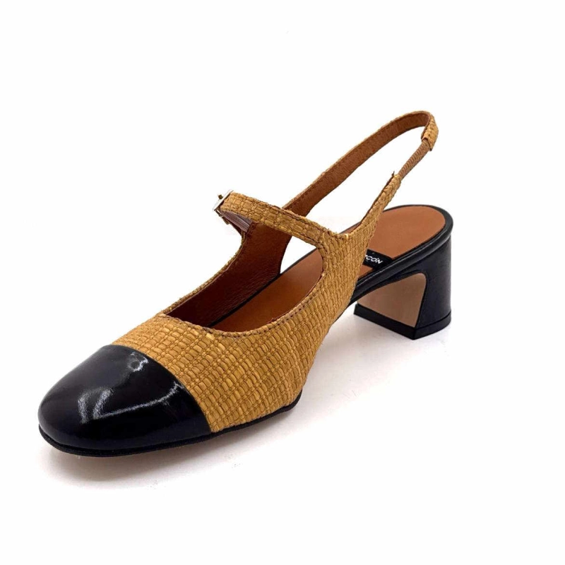 Angel Alarcon 25029 Cuir Vernis Noir Rafia Camel 25029-275B - MALORY NEGRO - RAFI Printemps Eté 2025