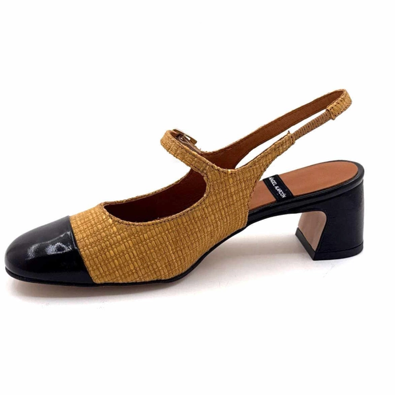 Angel Alarcon 25029 Cuir Vernis Noir Rafia Camel 25029-275B - MALORY NEGRO - RAFI Printemps Eté 2025