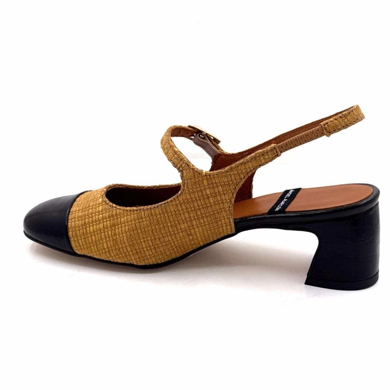 Angel Alarcon 25029 Cuir Vernis Noir Rafia Camel 25029-275B - MALORY NEGRO - RAFI Printemps Eté 2025