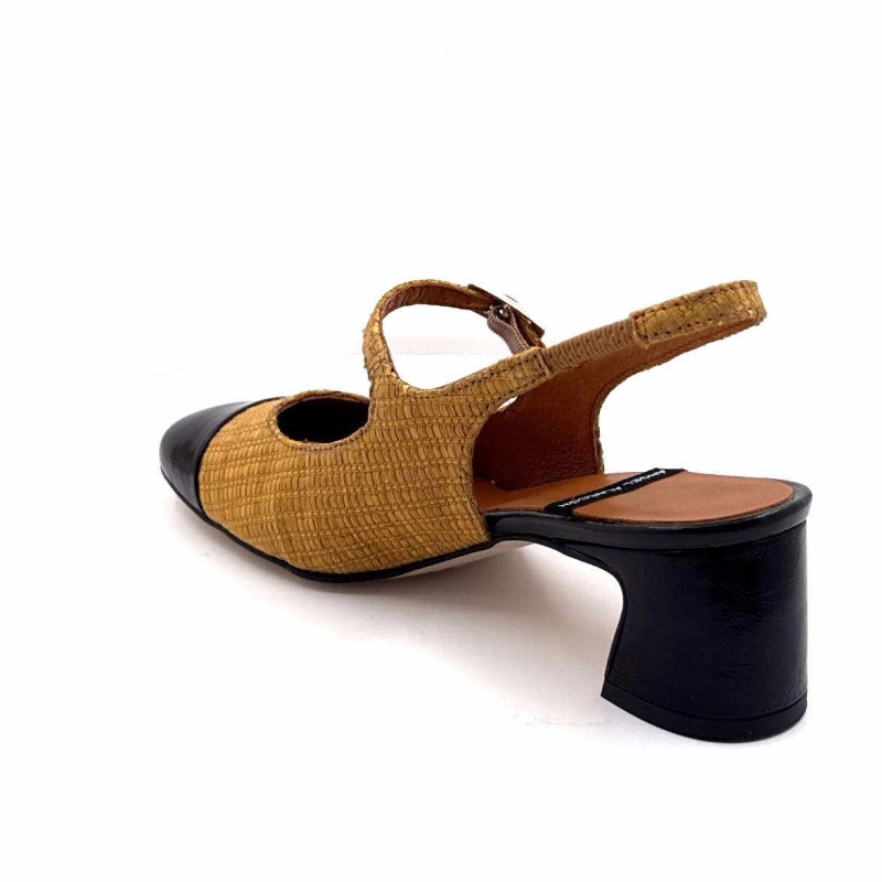 Angel Alarcon 25029 Cuir Vernis Noir Rafia Camel 25029-275B - MALORY NEGRO - RAFI Printemps Eté 2025