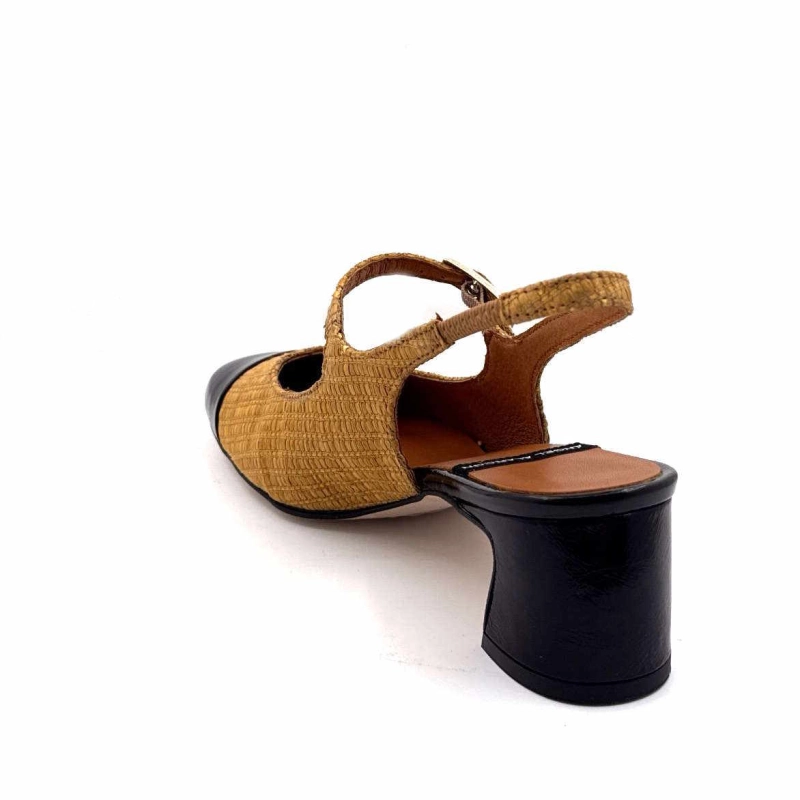 Angel Alarcon 25029 Cuir Vernis Noir Rafia Camel 25029-275B - MALORY NEGRO - RAFI Printemps Eté 2025