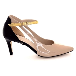 Ivoire 2923 Patent Leather Nude Black & Gold Front Strap Pumps