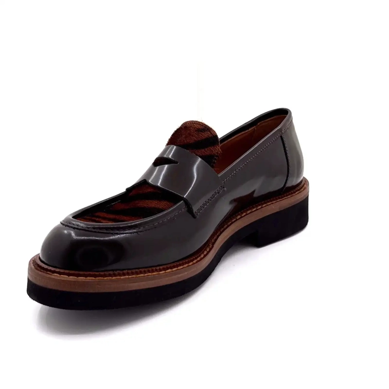 Ivoire 3276 Carrie 20 Pelle smaltata al cioccolato e cavallino zebrato Ivoire Chaussures