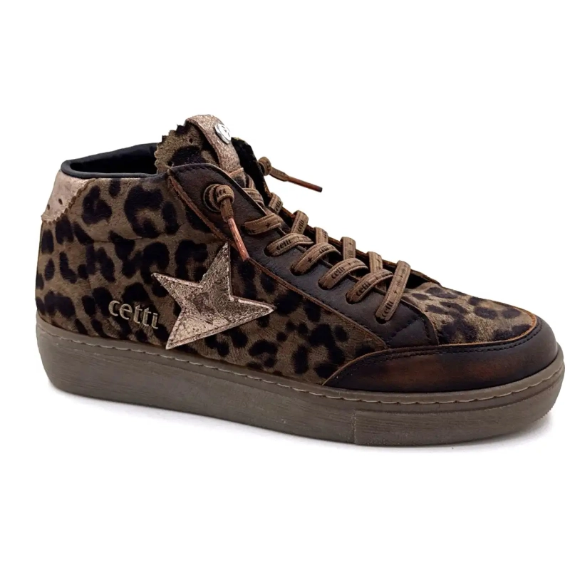 Cetti 1333 Sra Brunt Skinn Taupe Leopard Semsket Skinn Ivoire Chaussures