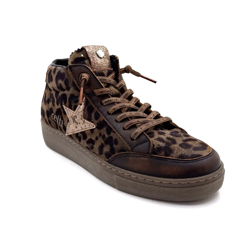 Cetti 1333 Sra Bruin Leer Taupe Luipaard Suède Ivoire Chaussures