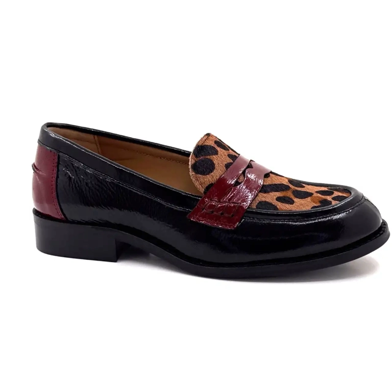 Ivoire 12816 Fekete Lakkbőr Bordeaux és Leopárd Ivoire Chaussures
