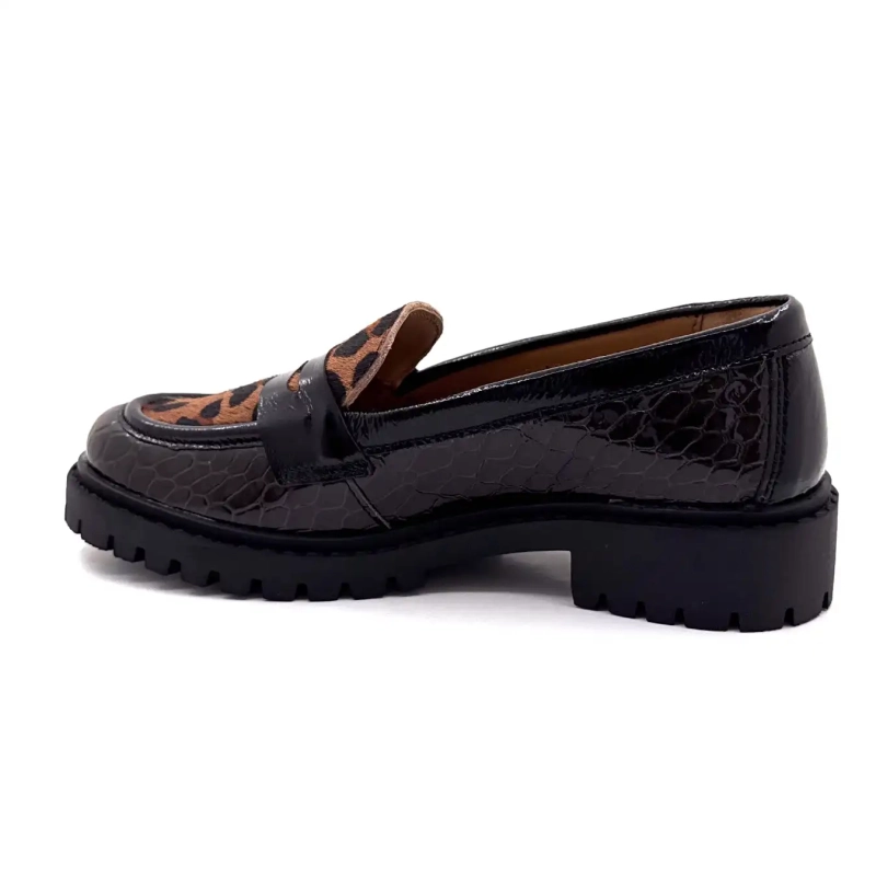 Ivoire 13371 Pony Cuir Vernis Marron Léo & Noir Ivoire Chaussures