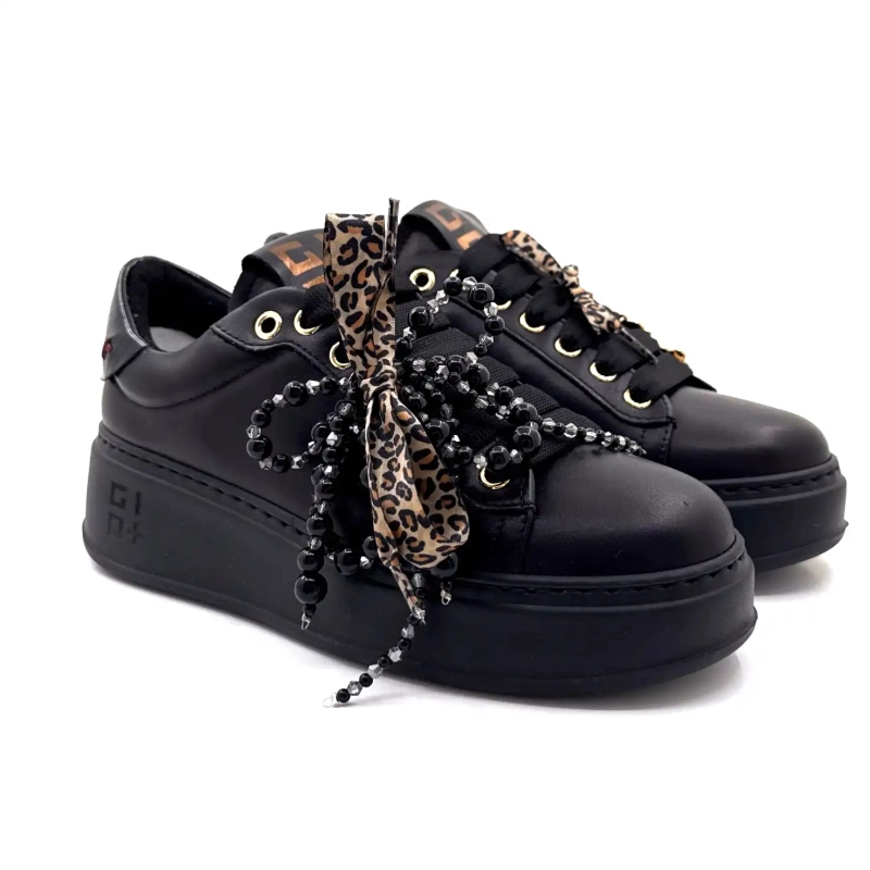 Gio+ Pia434a Couro Preto Pérolas Pretas Laço Leo Ivoire Chaussures