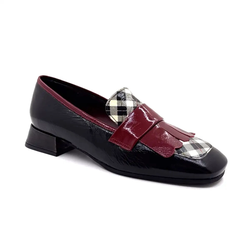 Ivoire E128 Piele lăcuită Tartan Negru Bej și Bordeaux Ivoire Chaussures