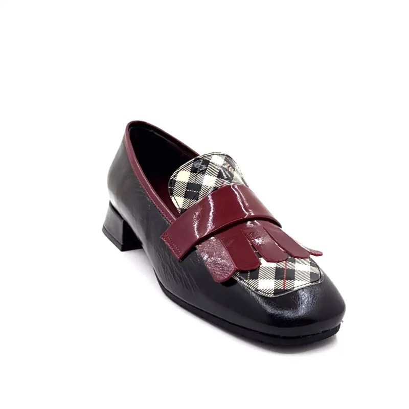 Ivoire E128 Lackleder Tartan Schwarz Beige und Bordeaux Ivoire Chaussures