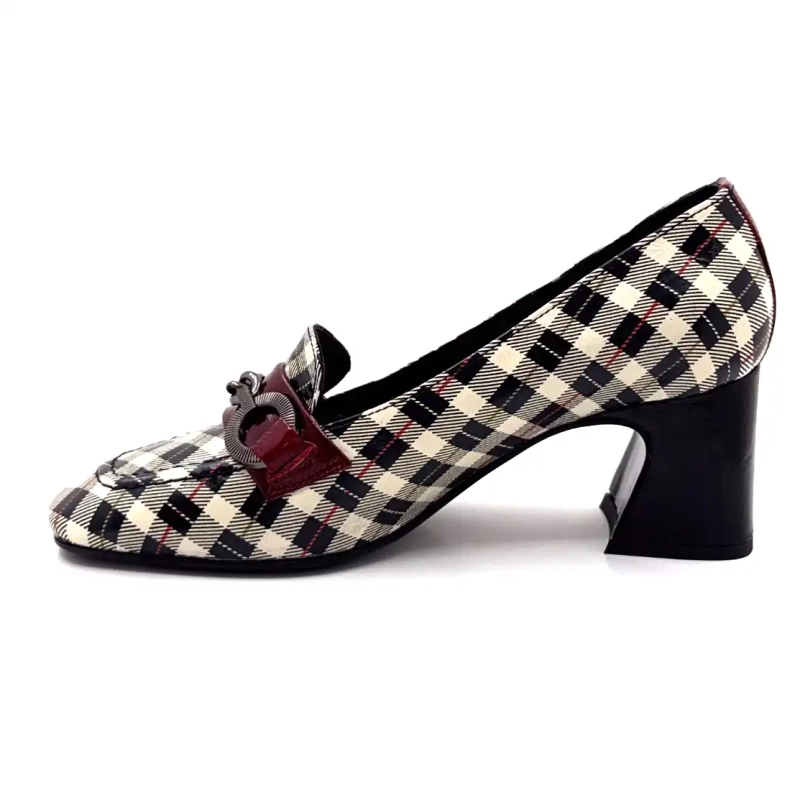 Ivoire E612 Cuir Vernis Tartan Noir Beige et Bordeaux Ivoire Chaussures