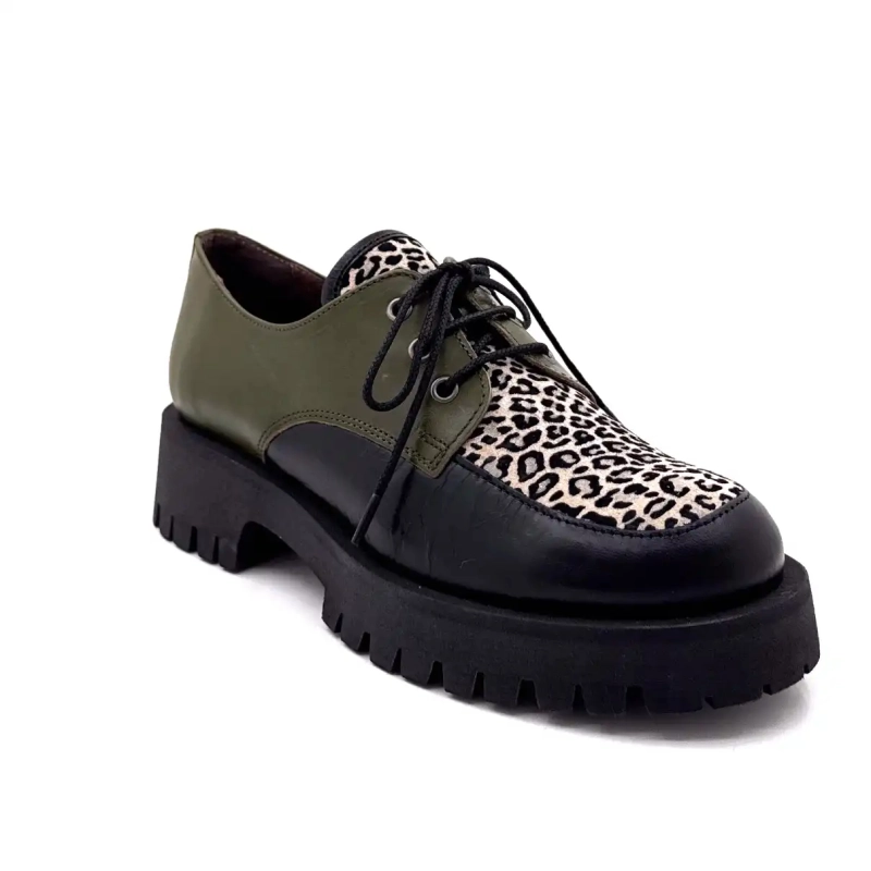 Minka Java Cuir Noir & Kaki Suède Léo Ivoire Chaussures