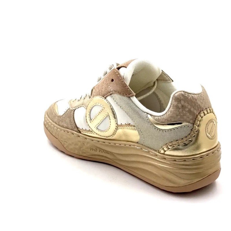 No Name Tyler Court em couro, camurça e tecido nas cores dourado, bege e branco. Ivoire Chaussures
