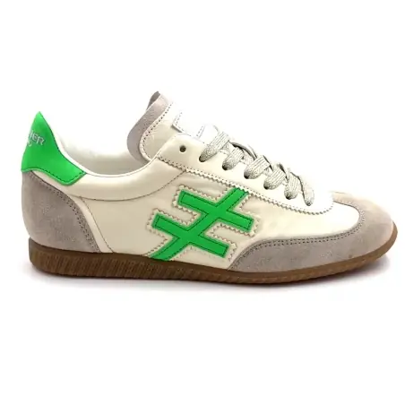 Otra Tendencia A078 04 Atenas Cuero y Gamuza Blanco Verde Fluo y Gris Ivoire Chaussures