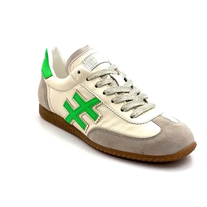 Another Trend A078 04 Atenas Leather & Suede White Fluo Green & Gray Ivoire Chaussures