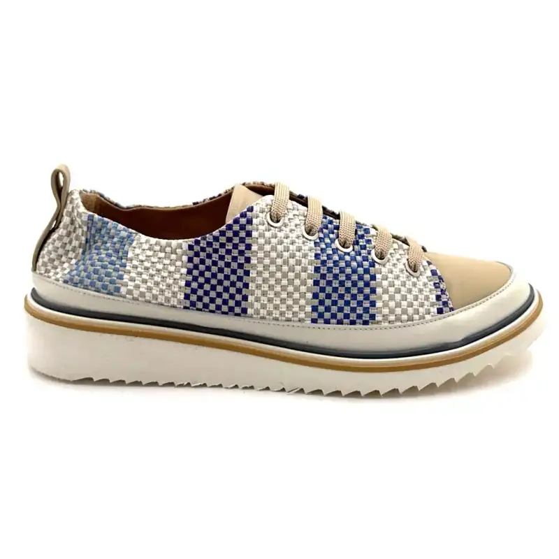 Baskets Légères Xsa 8010 Pixel Cuir Tréssé Bleu Beige & Crème