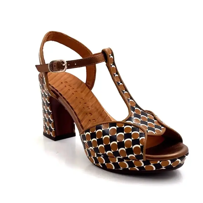 Chie Mihara Keduni 48 brunt og sort læder retromønster Ivoire Chaussures