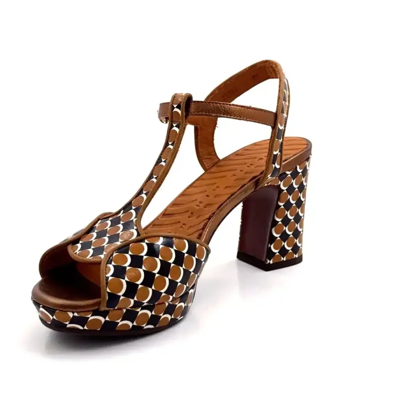 Chie Mihara Keduni 48 brunt och svart läder retromönster Ivoire Chaussures