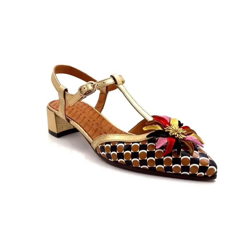 Chie Mihara Heleni Gold Leather & Print Ivoire Chaussures