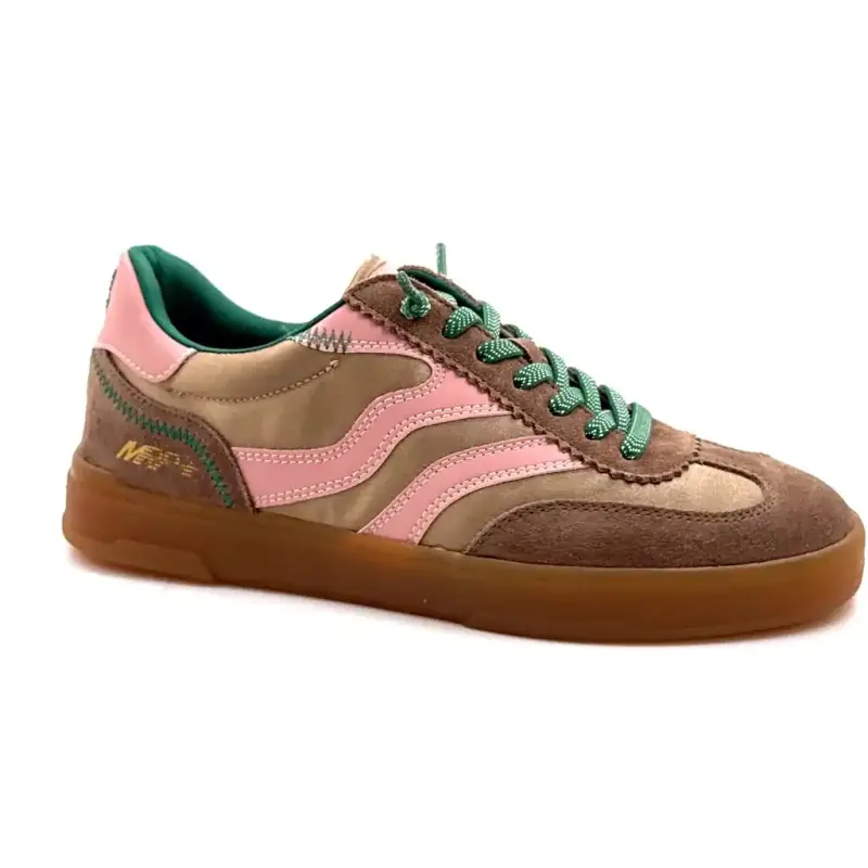 MRP Mrp22 Zamsz i tkanina w kolorze taupe, różowa skóra, zielone sznurówki Ivoire Chaussures