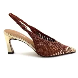 Sapatos de salto Ivoire R1340 em couro trançado marrom e dourado %price%