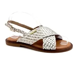 Sandalias Les Tropeziennes C330896 Doa de cuero trenzado, color blanco y dorado.