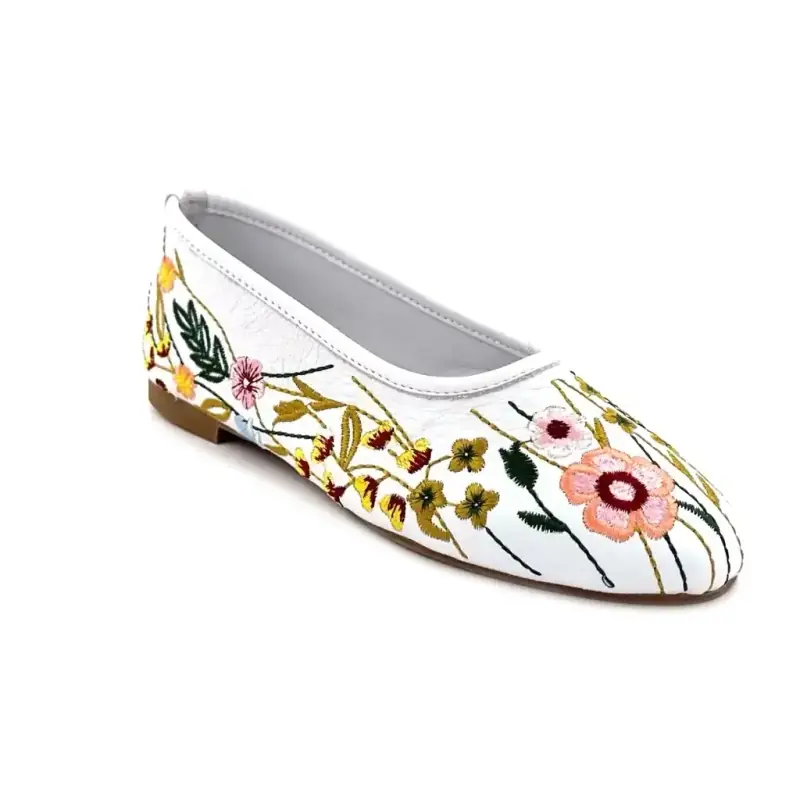 Ivoire D26ya-90 Cuir Blanc Brodé Floral Ivoire Chaussures