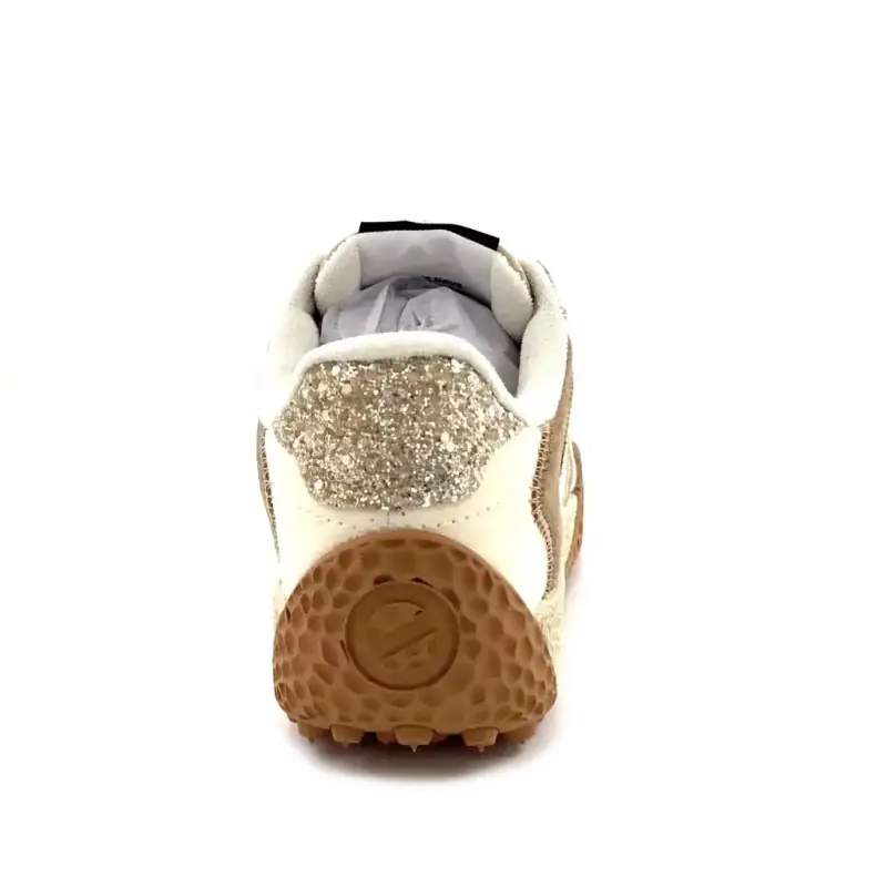 Tênis Kate No Name em camurça e couro de pônei, branco, bege e dourado. Ivoire Chaussures