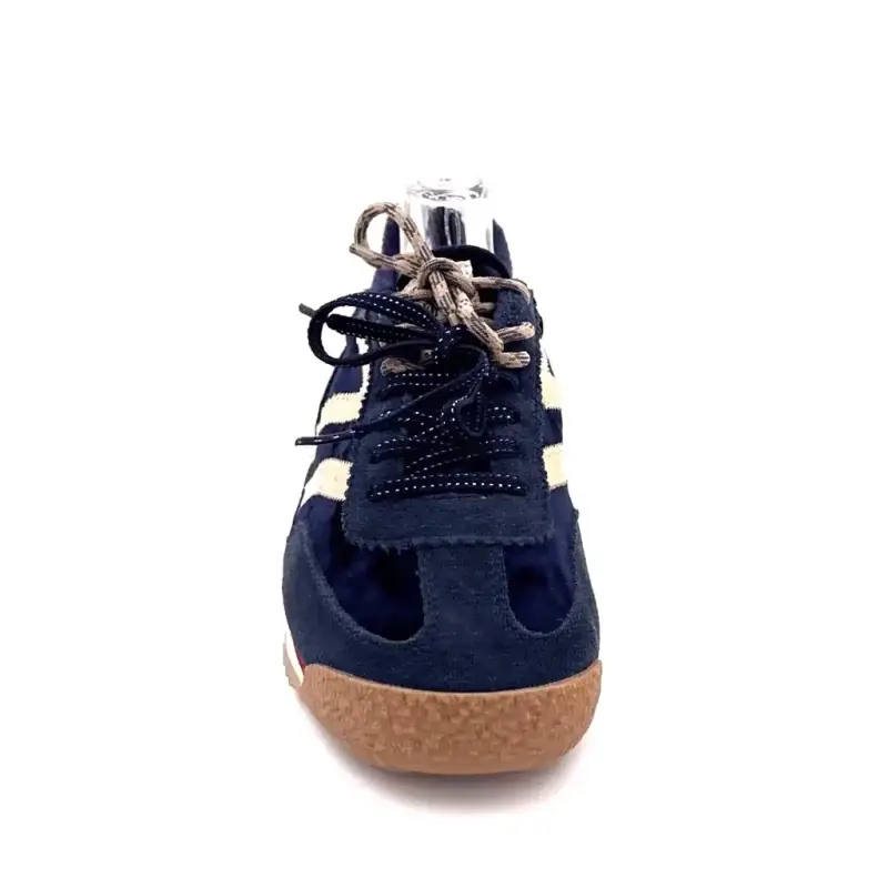 Zapatillas MRP Utah de ante y terciopelo, azul marino, cuero dorado. Ivoire Chaussures