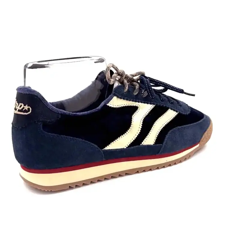 Zapatillas MRP Utah de ante y terciopelo, azul marino, cuero dorado. Ivoire Chaussures