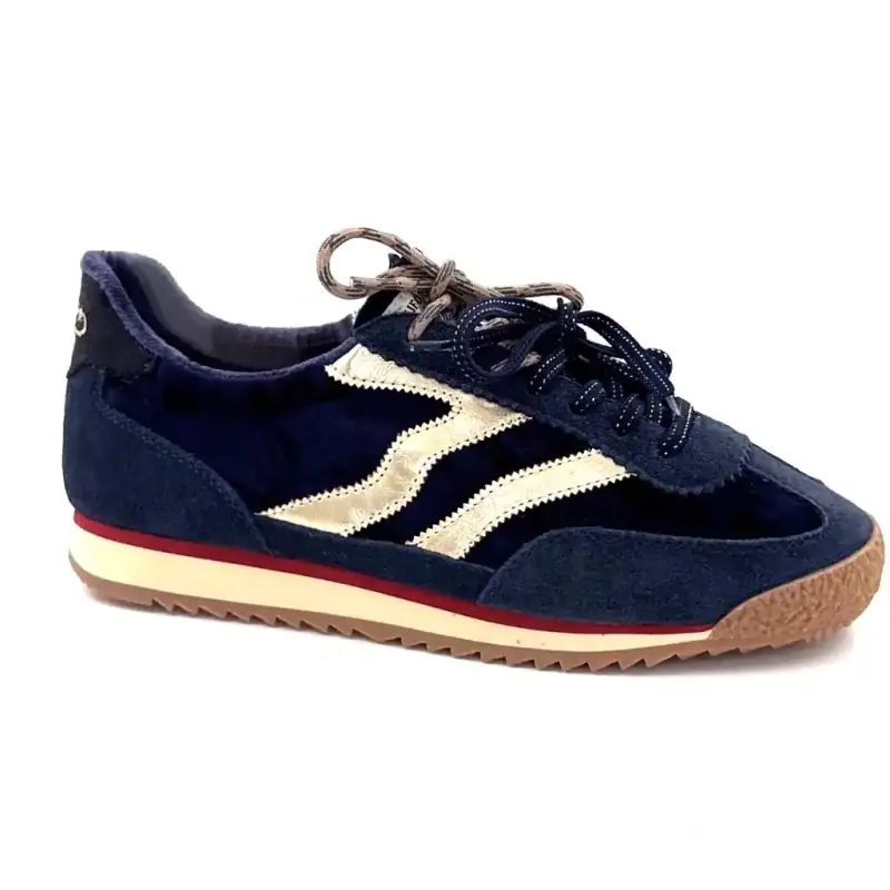 Zapatillas MRP Utah de ante y terciopelo, azul marino, cuero dorado. Ivoire Chaussures