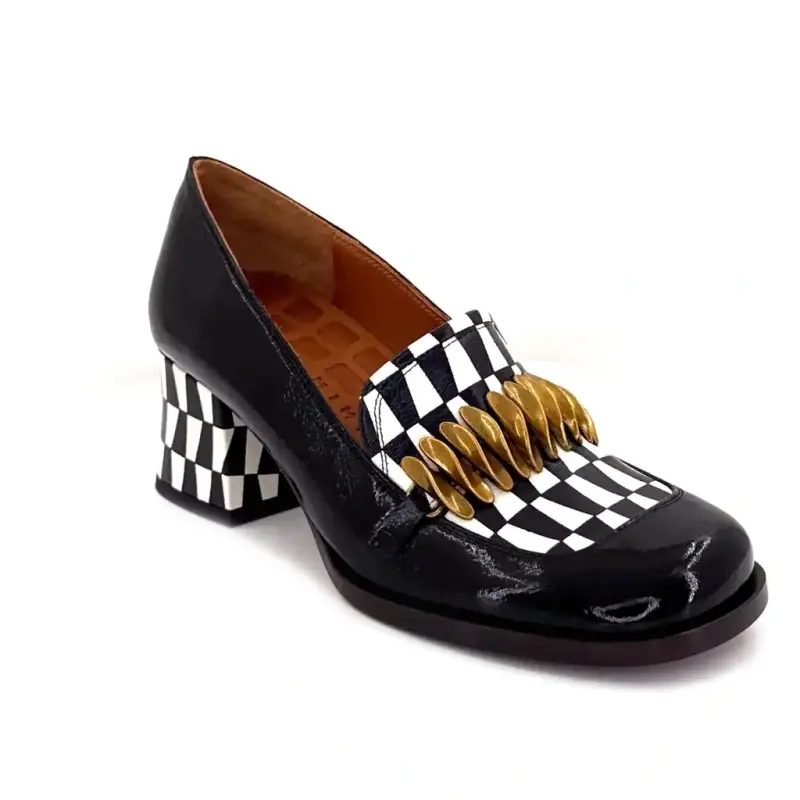 Chie Mihara Tibro Black & White Glazed Leather Heeled Loafers Ivoire Chaussures
