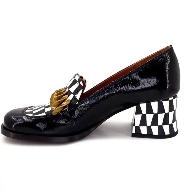 Mocassins à Talons Chie Mihara Tibro Cuir Glacé Noir & Blanc Ivoire Chaussures