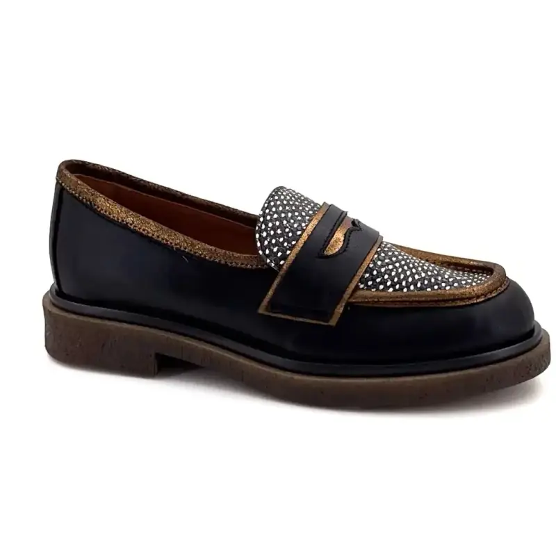 Mocassins Nemonic 2549 Cuir Noir & Bronze Ivoire Chaussures