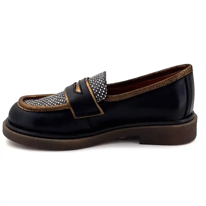 Mocassins Nemonic 2549 Cuir Noir & Bronze Ivoire Chaussures