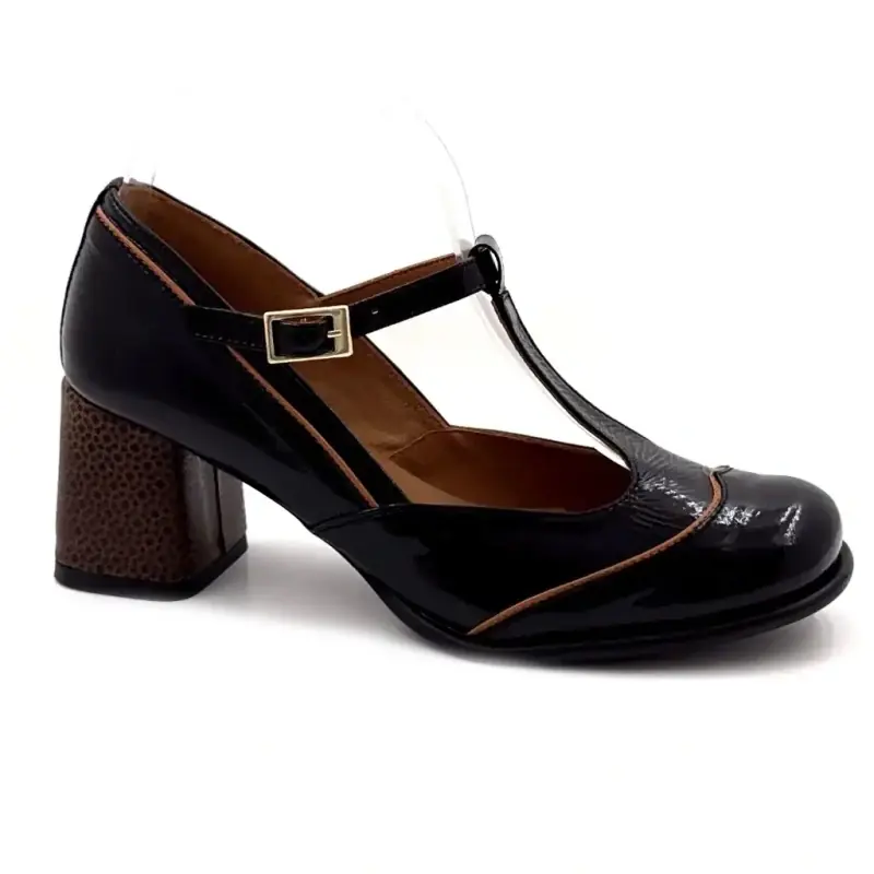 Slalomés à Talons Nemonic 2053 Cuir Vernis Noir & Marron Ivoire Chaussures