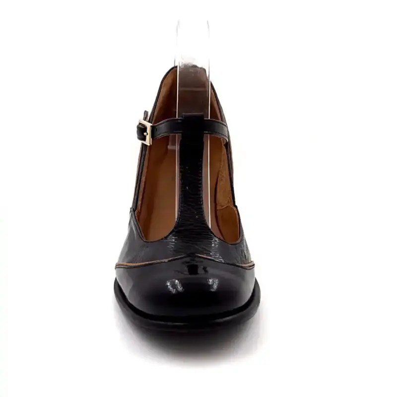 Slalomés à Talons Nemonic 2053 Cuir Vernis Noir & Marron Ivoire Chaussures