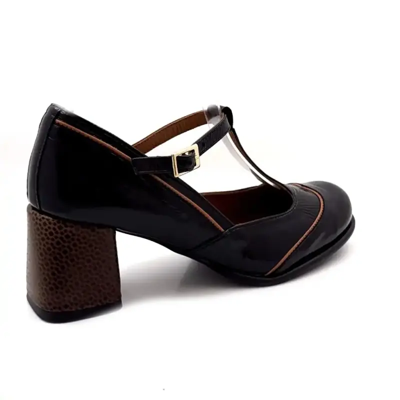 Slalomés à Talons Nemonic 2053 Cuir Vernis Noir & Marron Ivoire Chaussures