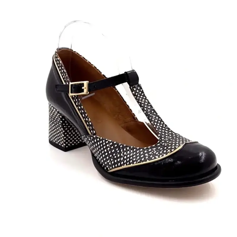 Salomés à Talons Nemonic 2053 Cuir Vernis Noir Poids Blanc Ivoire Chaussures