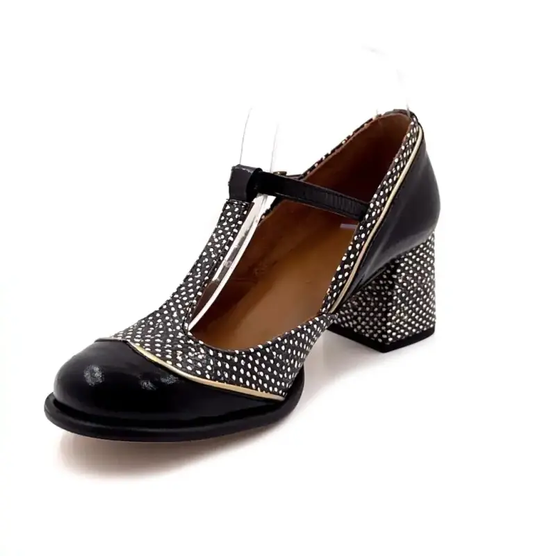 Salomés à Talons Nemonic 2053 Cuir Vernis Noir Poids Blanc Ivoire Chaussures