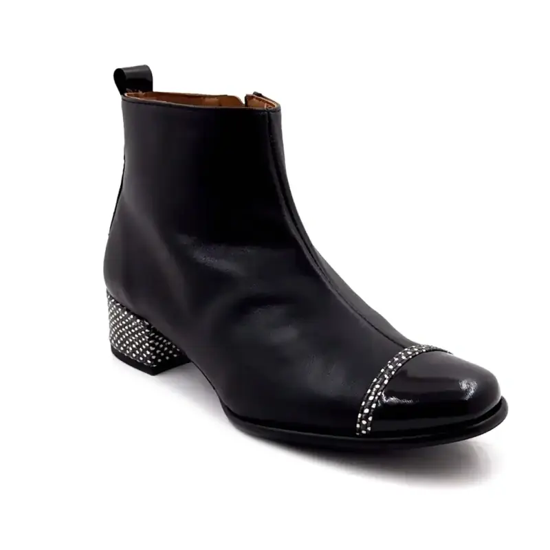 Nemonic 2174 Schwarze Leder-Ankle-Boots mit Absatz Ivoire Chaussures