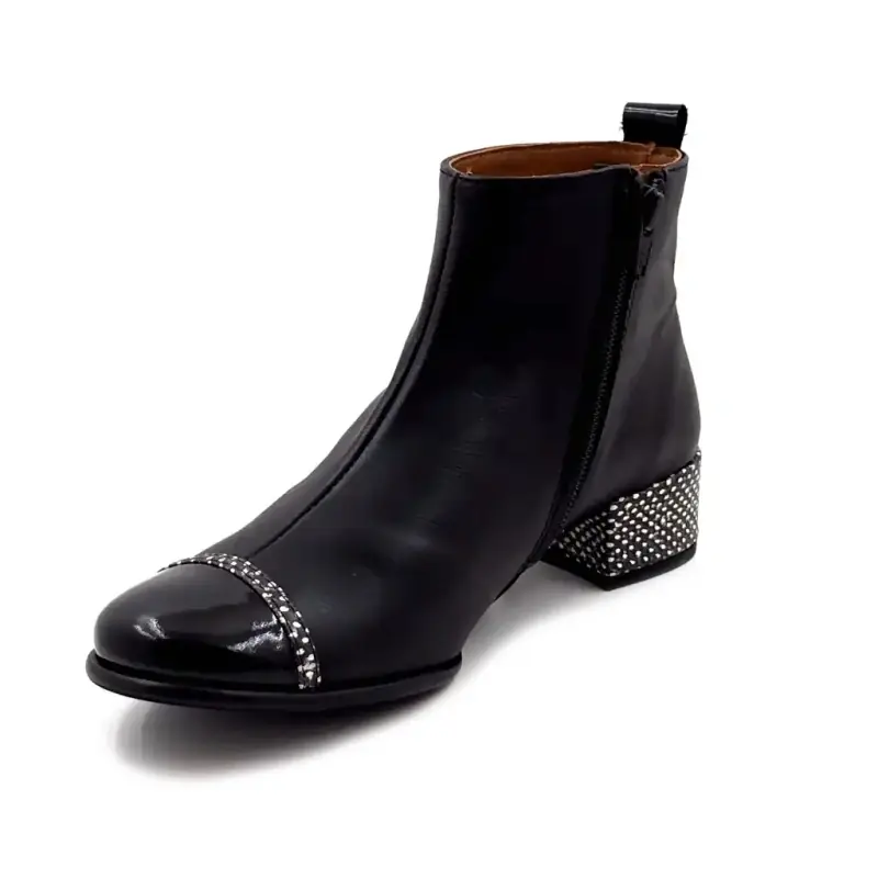 Nemonic 2174 Schwarze Leder-Ankle-Boots mit Absatz Ivoire Chaussures