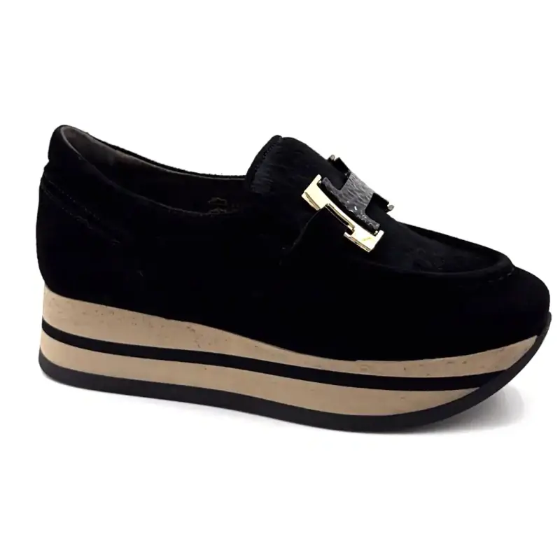 Mocassini sportivi Softwaves con plateau 7.78.141/001 in pelle scamosciata e pelle di puledro nera Ivoire Chaussures