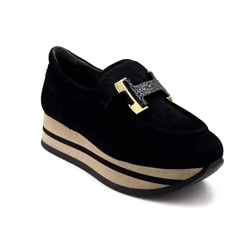 Mocassins Sports Plateforme Softwaves 7.78.141/001 Daim & Poulain Noir Ivoire Chaussures