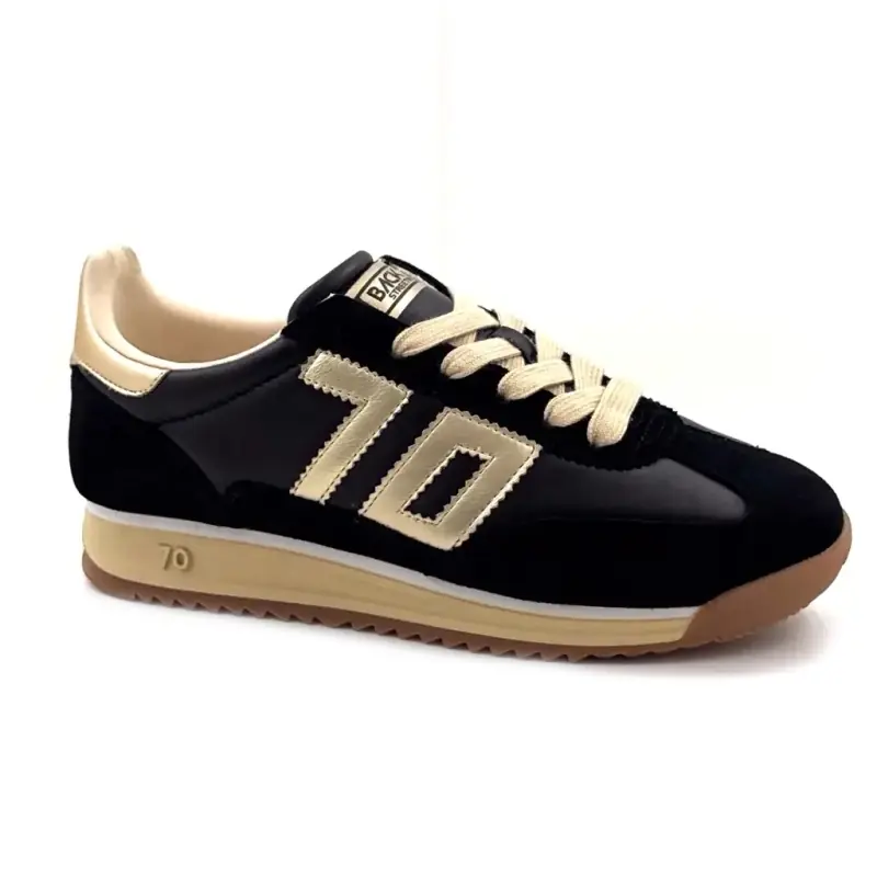 Tênis Back 70 Jogger N01 em couro e camurça preto e dourado Ivoire Chaussures