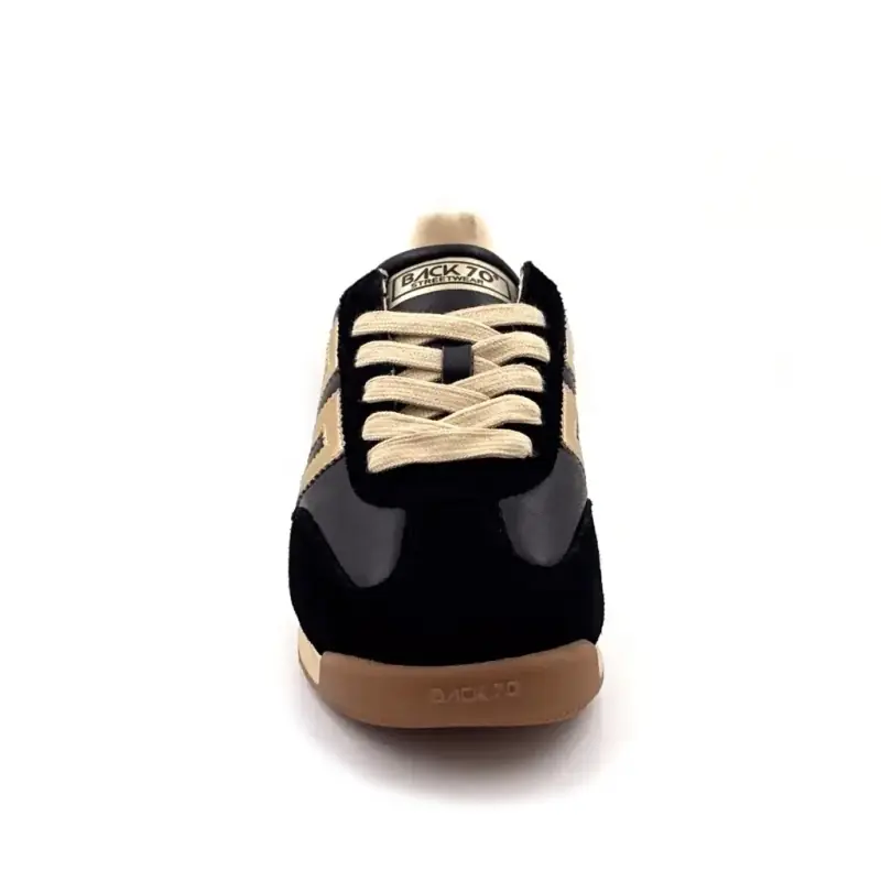 Tênis Back 70 Jogger N01 em couro e camurça preto e dourado Ivoire Chaussures