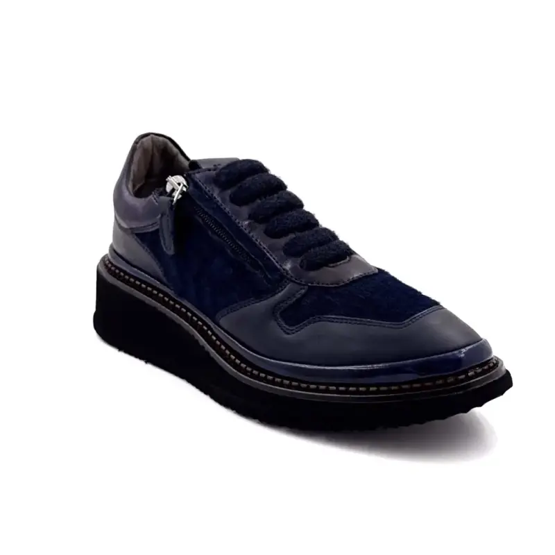 XSA 9703 Trampki z zamkiem błyskawicznym ze skóry granatowej i granatowej skóry pogskin Ivoire Chaussures