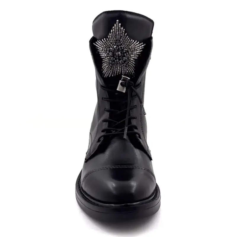 Mjus T81209 Ankelboots med snörning, svart läder med stjärna Ivoire Chaussures